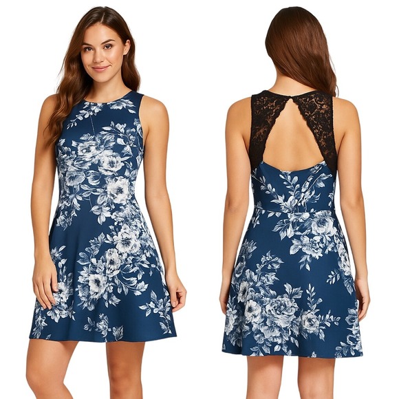 Speechless Fit And Flare Dress Juniors Size 5 Lace Open Back Blue White XS New - Picture 1 of 3
